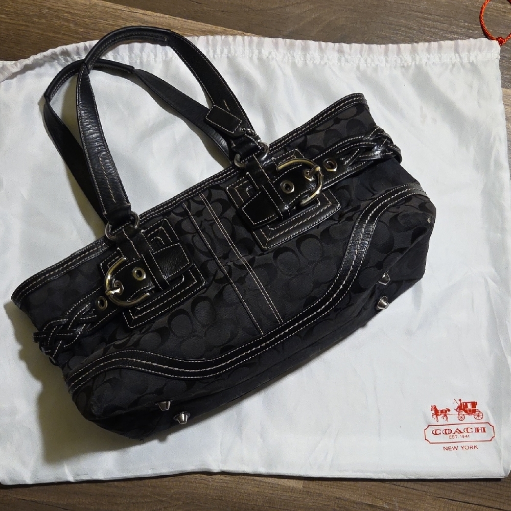 Coach Black Canvas Shoulder Bag with Textured Leather
